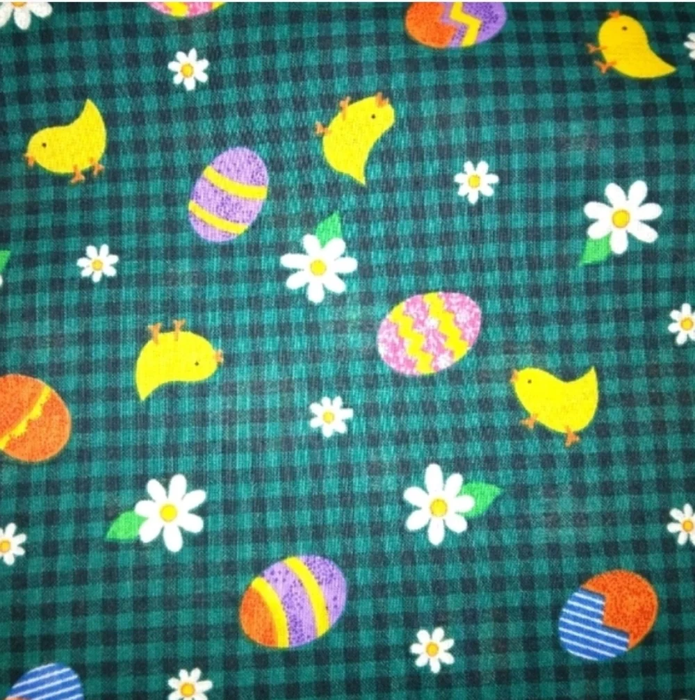 FABRIC 100% cotton Easter eggs chicks and daisies on green & black Gingham 5yds